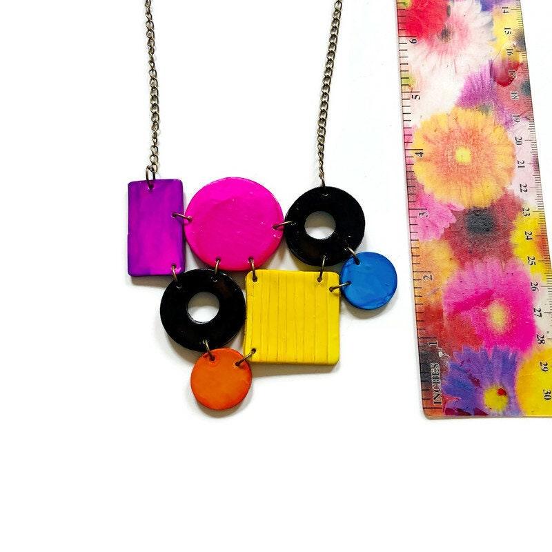 Color Block Statement Necklace Painted Purple Pink Black Blue Yellow Orange - Sassy Sacha Jewelry