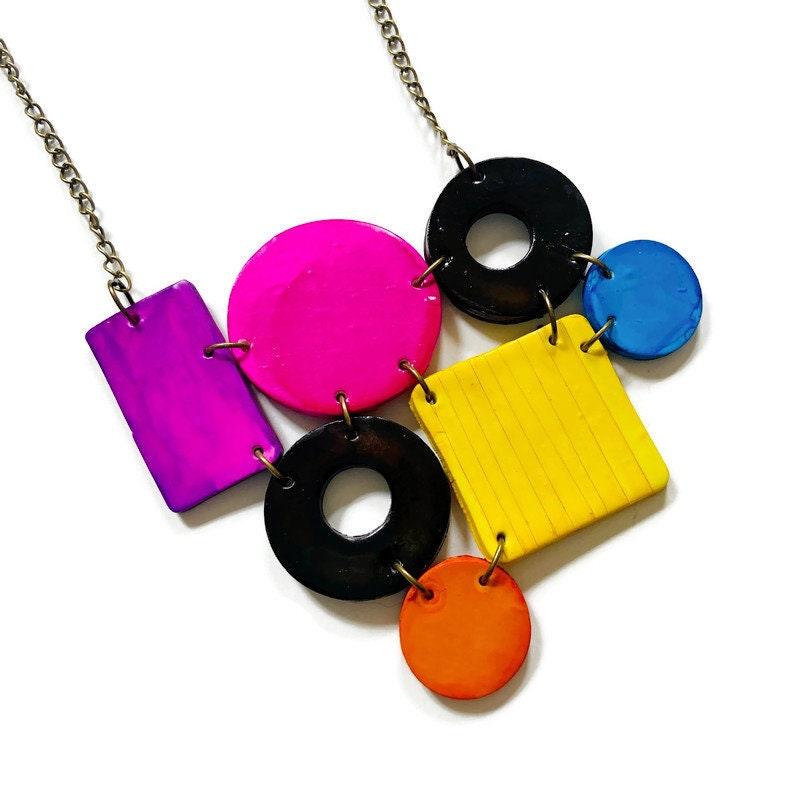 Color Block Statement Necklace Painted Purple Pink Black Blue Yellow Orange - Sassy Sacha Jewelry
