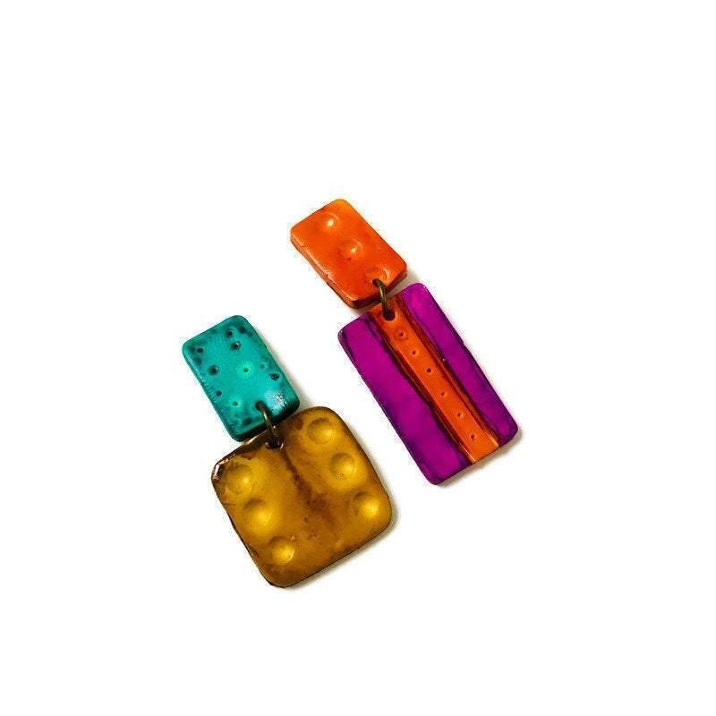 Colorful Abstract Earrings, Funky Mismatched Earrings Handmade - Sassy Sacha Jewelry