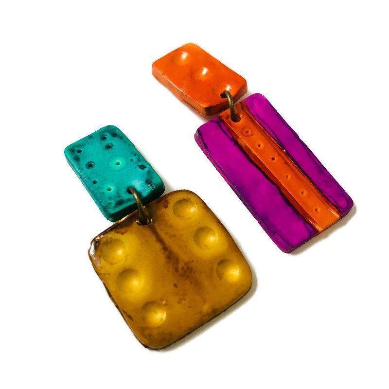 Colorful Abstract Earrings, Funky Mismatched Earrings Handmade - Sassy Sacha Jewelry