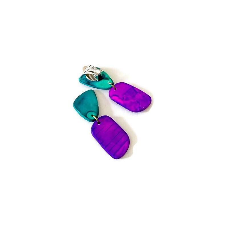 Colorful Clip On Earrings in Purple & Turquoise - Sassy Sacha Jewelry