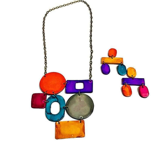 Colorful Geometric Bib Necklace & Statement Earrings - Sassy Sacha Jewelry
