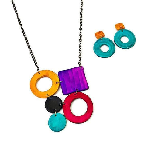 Colorful Geometric Necklace with Turquoise Hoop Earrings, Polymer Clay Jewelry Set Hand Painted - Sassy Sacha Jewelry