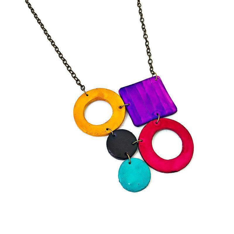 Colorful Geometric Necklace with Turquoise Hoop Earrings, Polymer Clay Jewelry Set Hand Painted - Sassy Sacha Jewelry