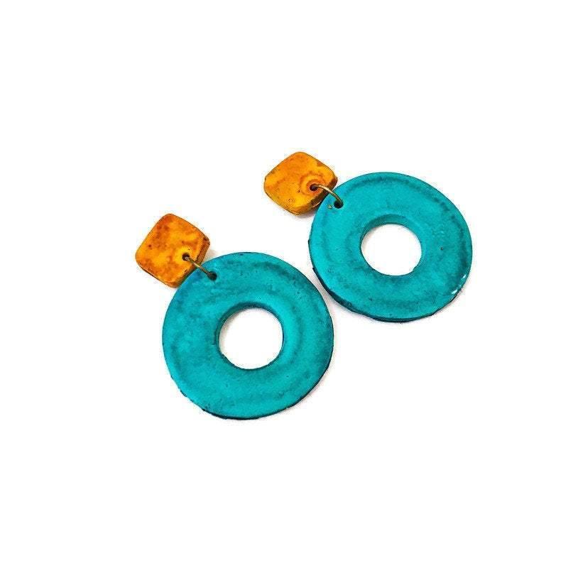 Colorful Geometric Necklace with Turquoise Hoop Earrings, Polymer Clay Jewelry Set Hand Painted - Sassy Sacha Jewelry