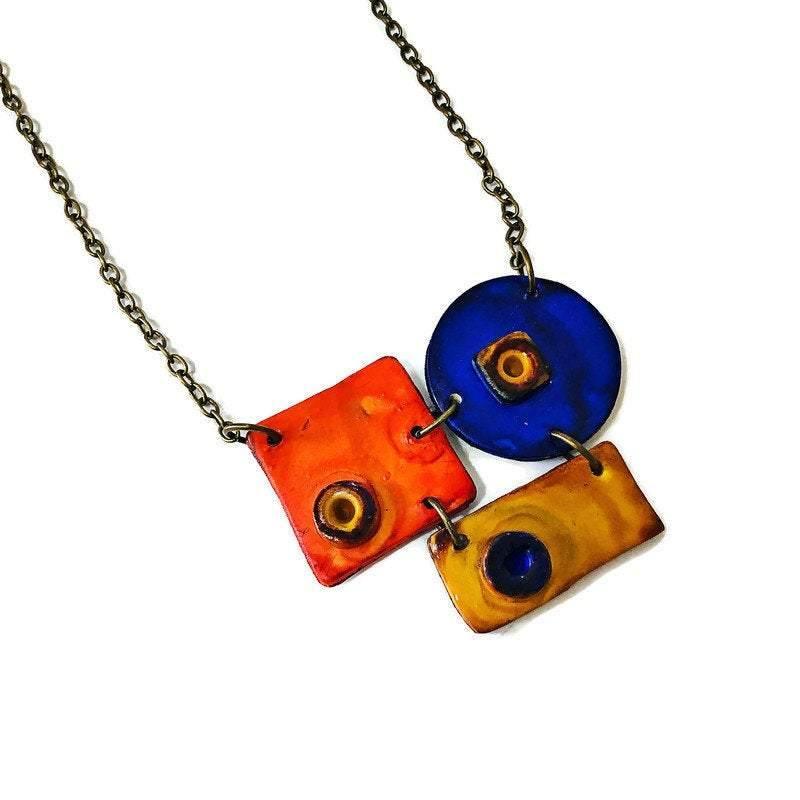 Colorful Geometric Pendant Necklace Handmade & Painted in Orange Blue Yellow - Sassy Sacha Jewelry