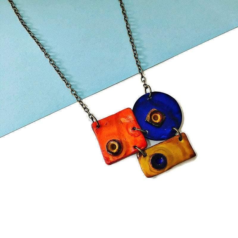 Colorful Geometric Pendant Necklace Handmade & Painted in Orange Blue Yellow - Sassy Sacha Jewelry