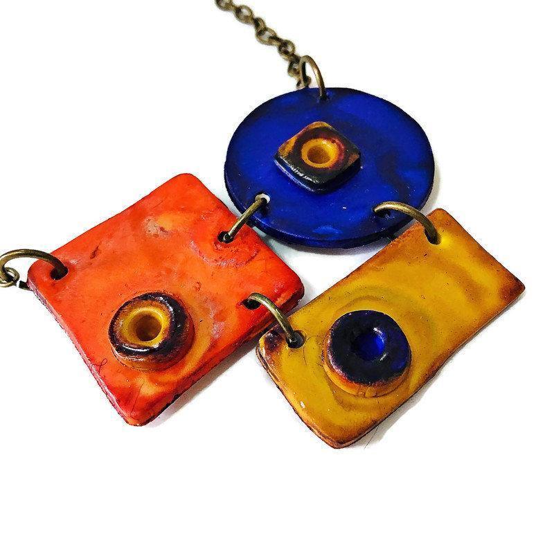 Colorful Geometric Pendant Necklace Handmade & Painted in Orange Blue Yellow - Sassy Sacha Jewelry