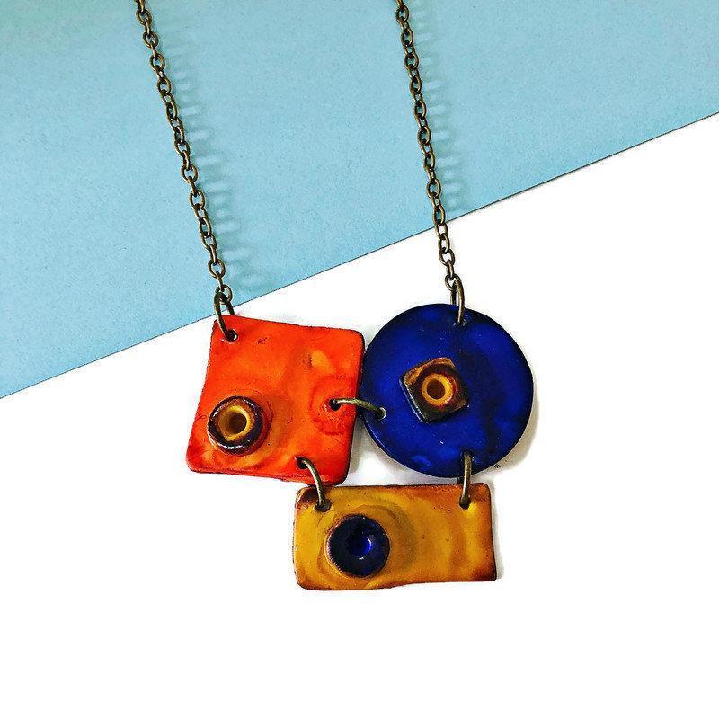 Colorful Geometric Pendant Necklace Handmade & Painted in Orange Blue Yellow - Sassy Sacha Jewelry