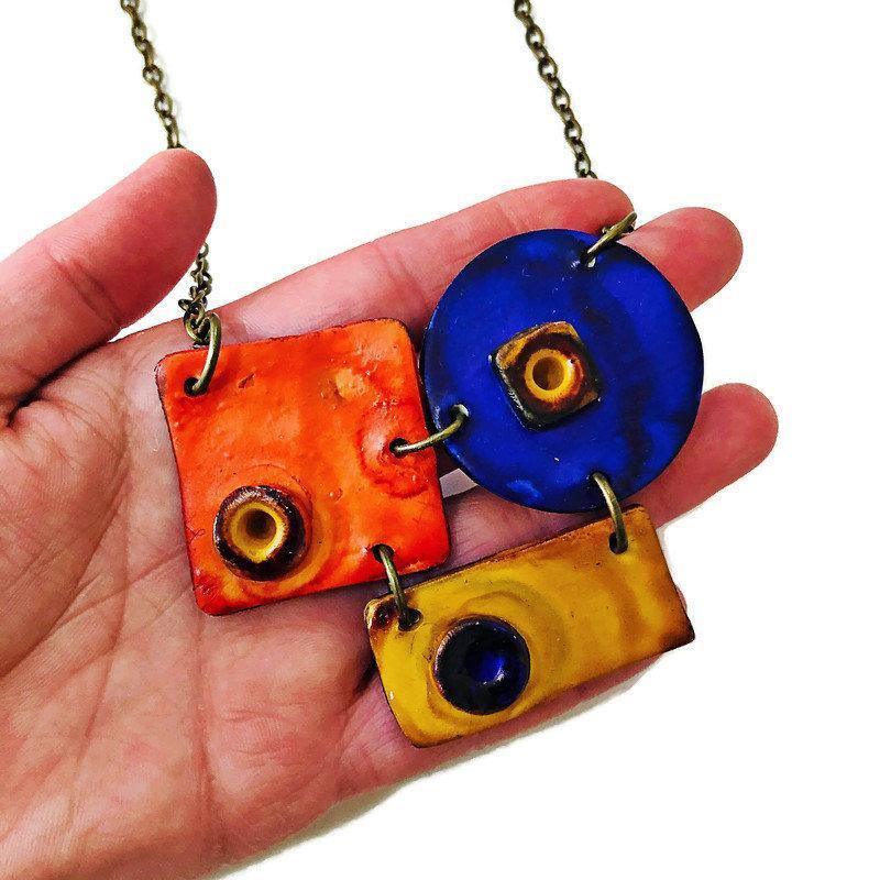 Colorful Geometric Pendant Necklace Handmade & Painted in Orange Blue Yellow - Sassy Sacha Jewelry