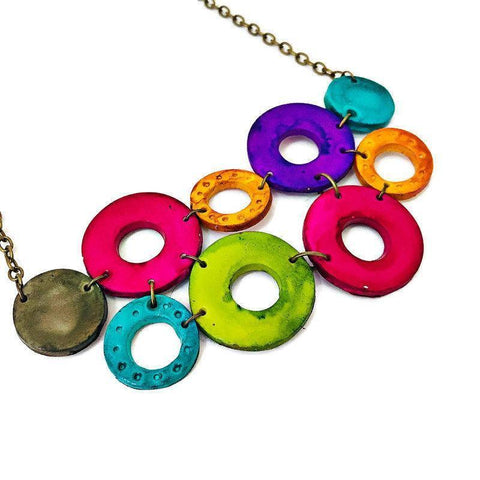 Colorful Linked Circle Statement Necklace Handmade from Clay & Hand Painted - Sassy Sacha Jewelry