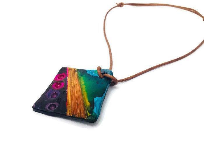 Colorful Polymer Clay Pendant, Abstract Geometric Design - Sassy Sacha Jewelry