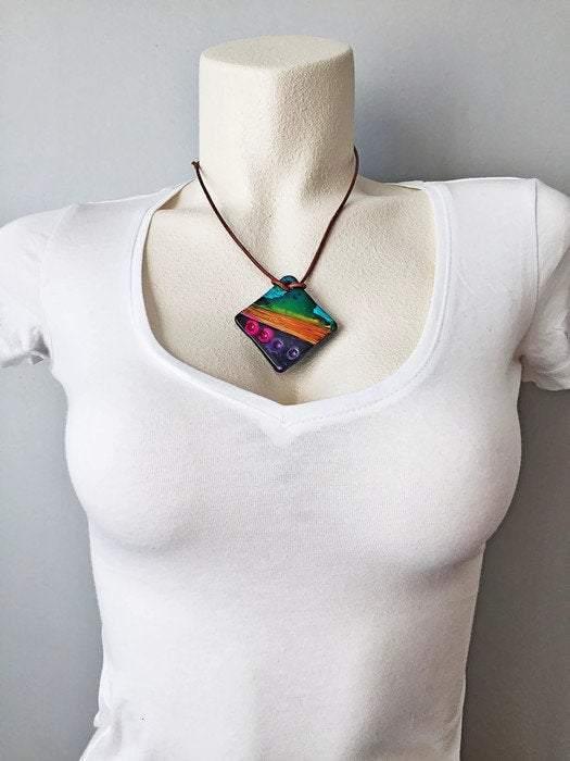 Colorful Polymer Clay Pendant, Abstract Geometric Design - Sassy Sacha Jewelry