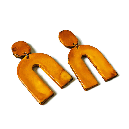 Burnt Orange Statement Earrings Handmade from Polymer Clay Painted with Alcohol Ink - Sassy Sacha Jewelry