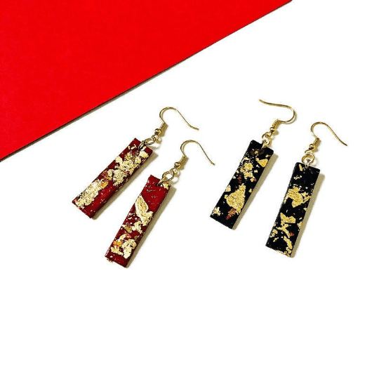 Red Bar Earrings with Mixed Metal Flakes - Sassy Sacha Jewelry