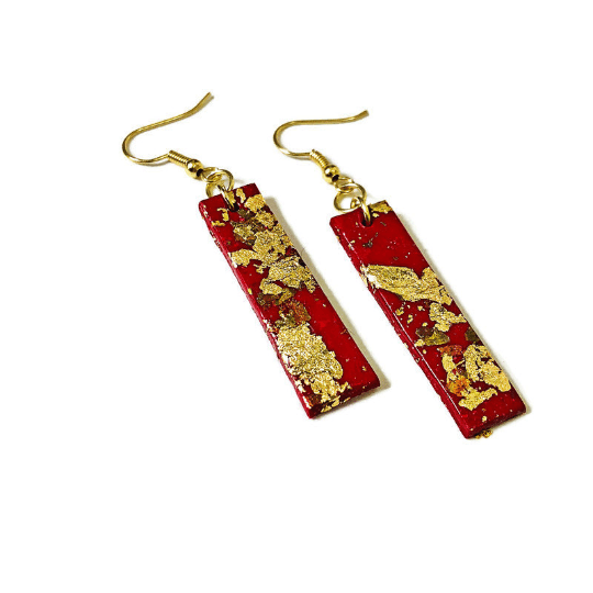 Red Bar Earrings with Mixed Metal Flakes - Sassy Sacha Jewelry