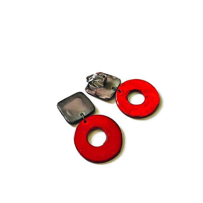 Edgy Clip On Earrings in Red & Grey- "Holly" - Sassy Sacha Jewelry