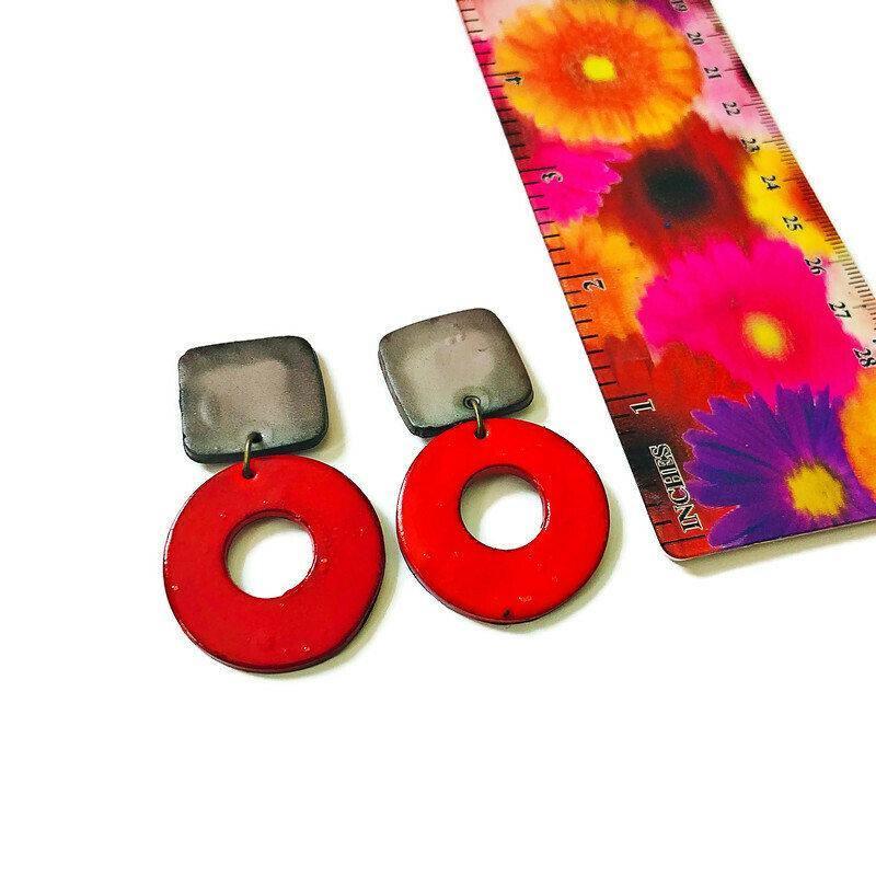 Edgy Clip On Earrings in Red & Grey- "Holly" - Sassy Sacha Jewelry