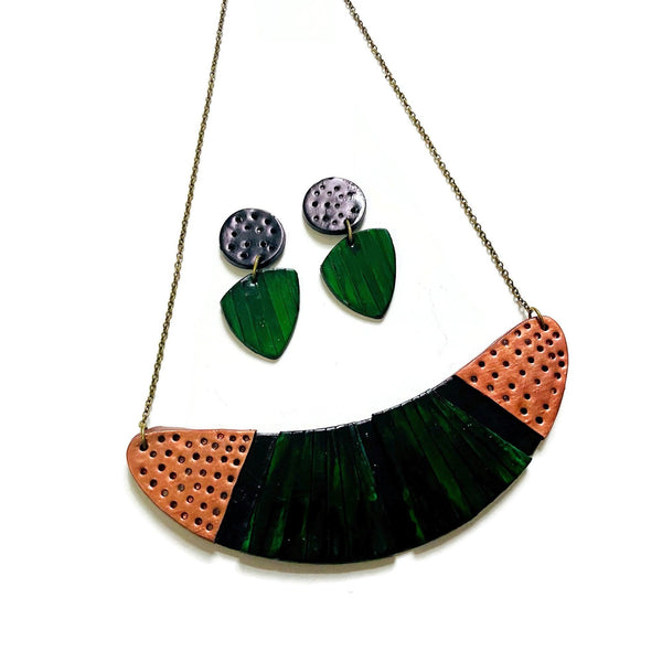 Emerald Green Statement Necklace with Black & Copper Accents - Sassy Sacha Jewelry