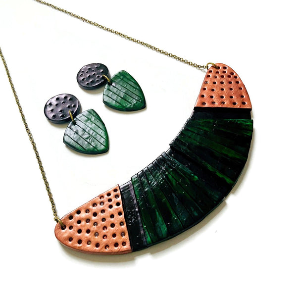 Emerald Green Statement Necklace with Black & Copper Accents - Sassy Sacha Jewelry