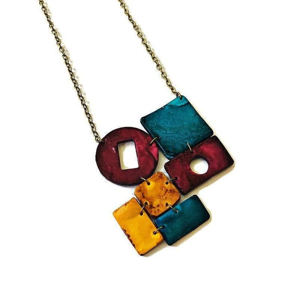 Fall Statement Necklace in Maroon Teal & Mustard Yellow - Sassy Sacha Jewelry