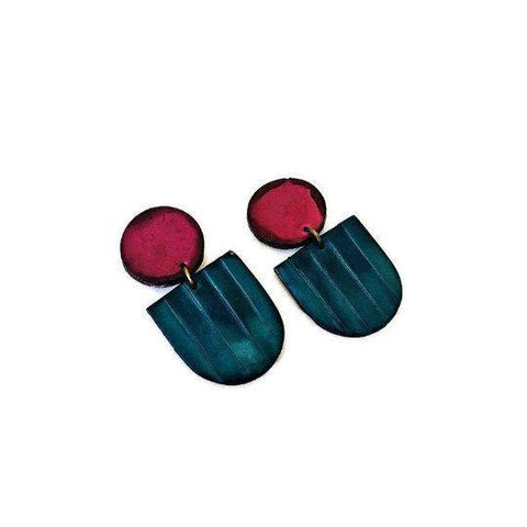 Fan Shaped Statement Earrings in Blue & Maroon- "Emily" - Sassy Sacha Jewelry