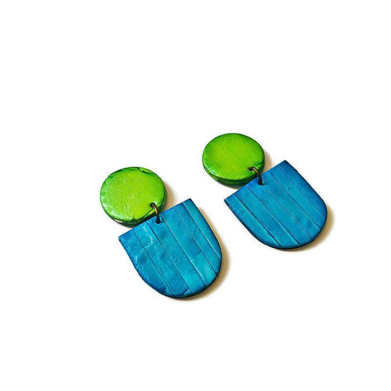 Fan Shaped Statement Earrings in Neon Blue and Neon Green- "Emily" - Sassy Sacha Jewelry