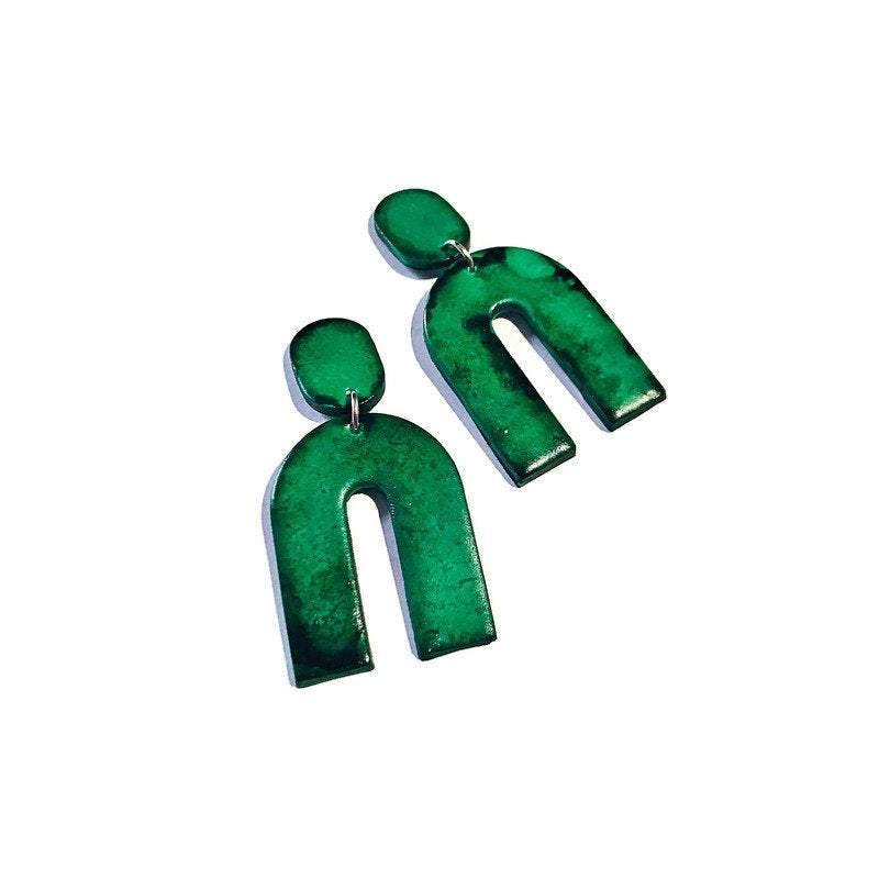 forest green arch statement earrings post or clip ons"Lucy" - Sassy Sacha Jewelry