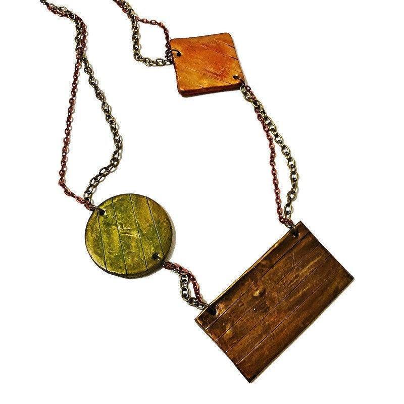 Geometric Bib Necklace with Double Layered Bronze & Copper Chain - Sassy Sacha Jewelry