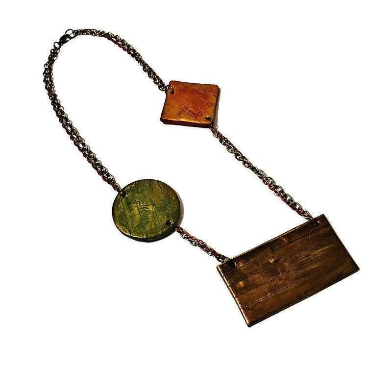 Geometric Bib Necklace with Double Layered Bronze & Copper Chain - Sassy Sacha Jewelry