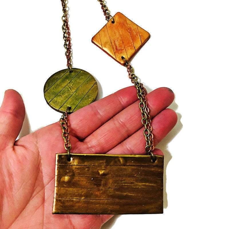 Geometric Bib Necklace with Double Layered Bronze & Copper Chain - Sassy Sacha Jewelry