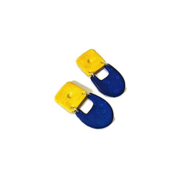 Geometric Clip On Earrings for Unpierced Ears in Blue & Yellow- "Val" - Sassy Sacha Jewelry