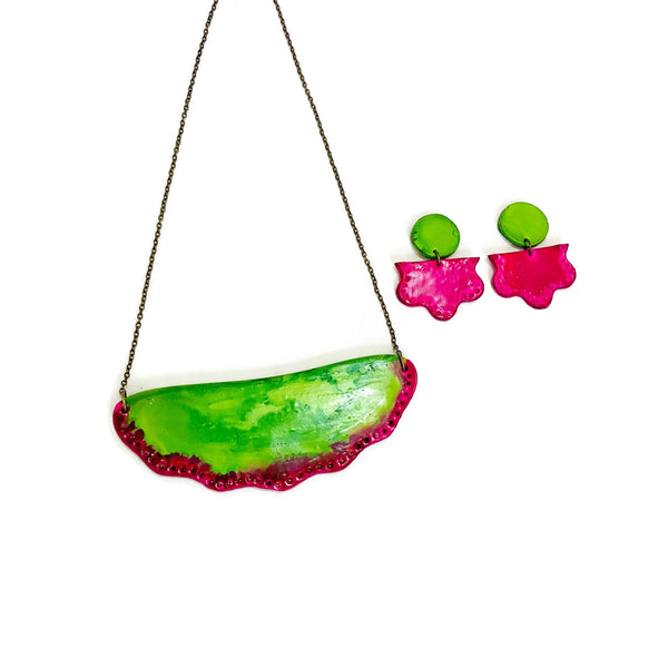 Green & Pink Statement Earrings Post or Clip On- "Tammy" - Sassy Sacha Jewelry