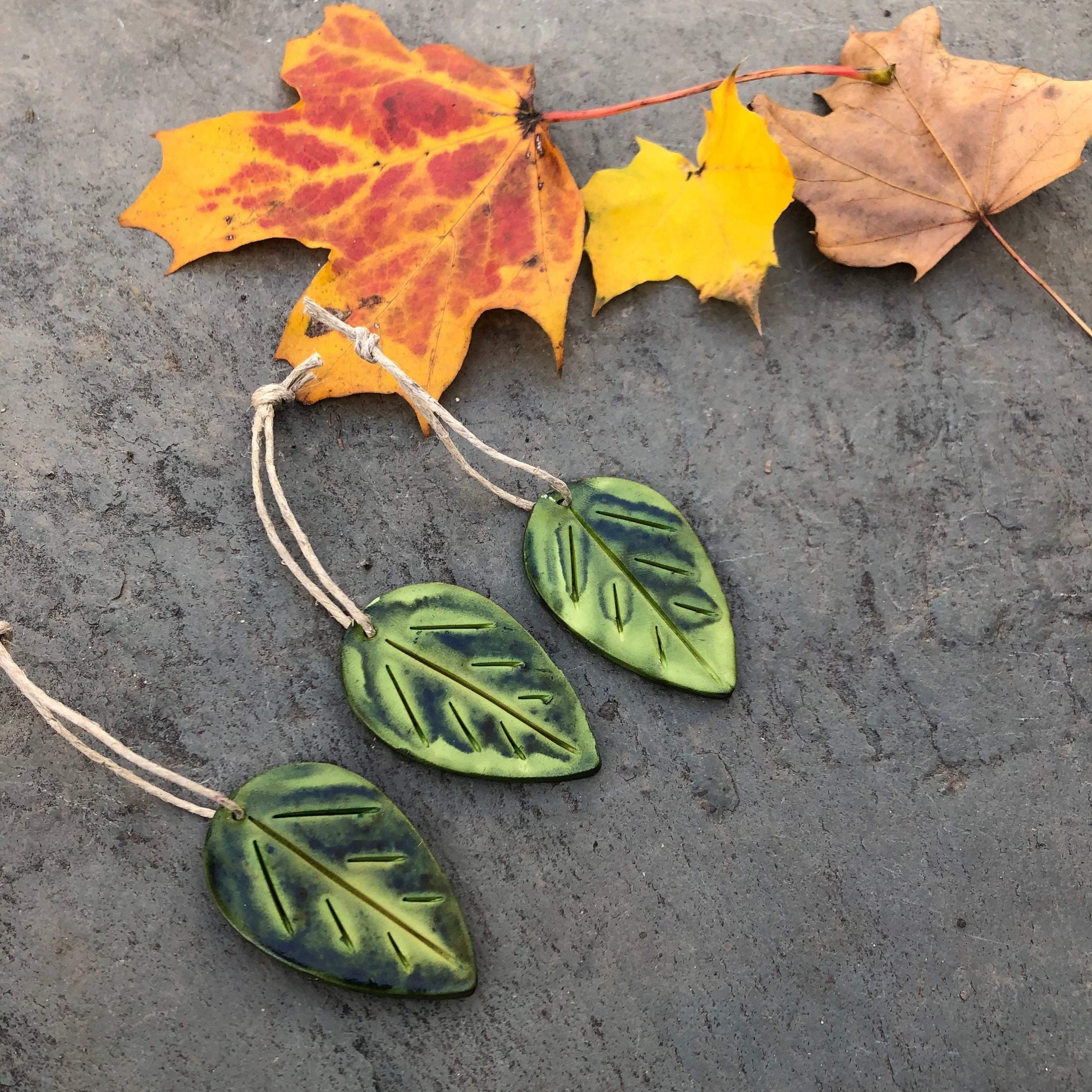 Green Clay Leaf Ornaments for Rustic Fall Décor - Sassy Sacha Jewelry