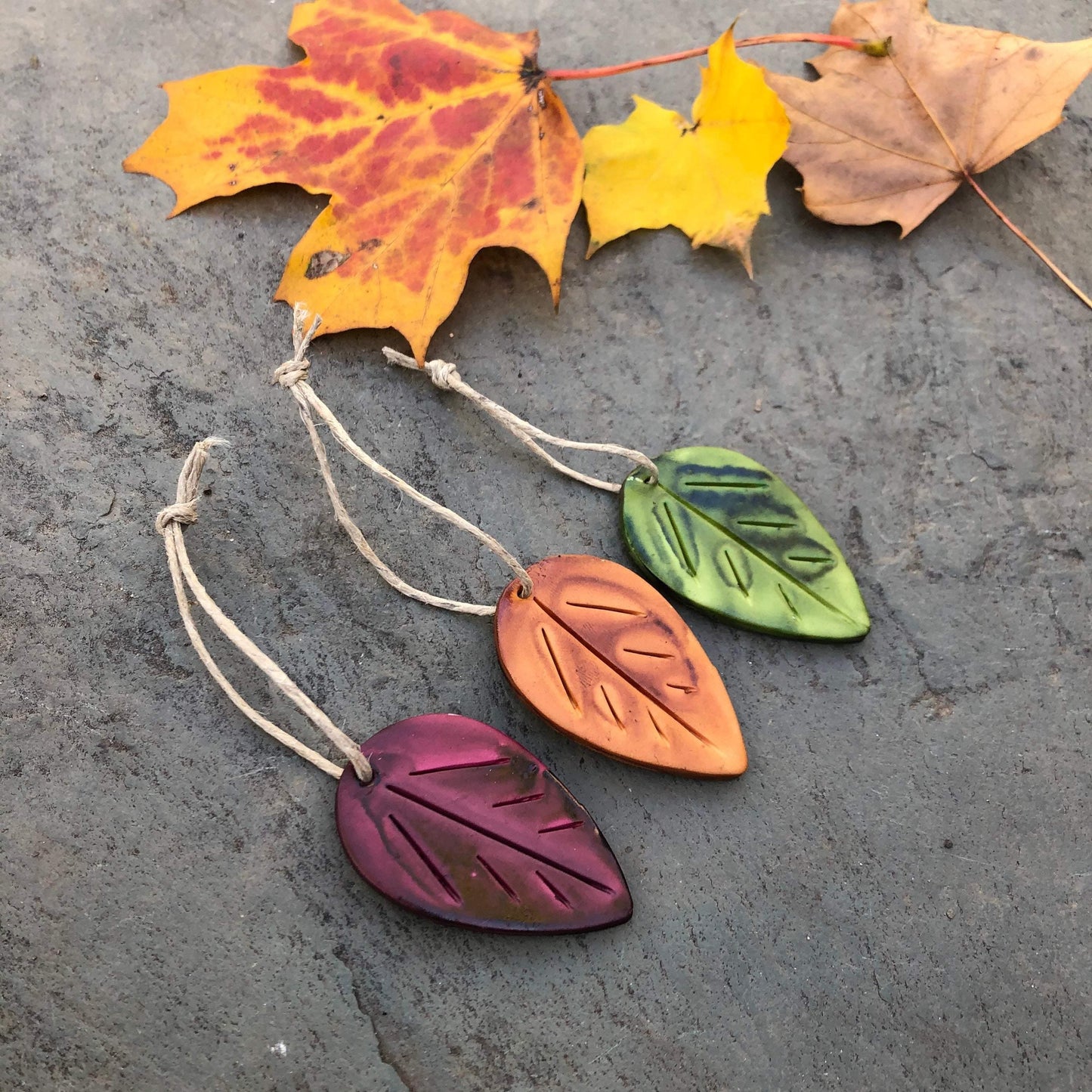 Green Clay Leaf Ornaments for Rustic Fall Décor - Sassy Sacha Jewelry