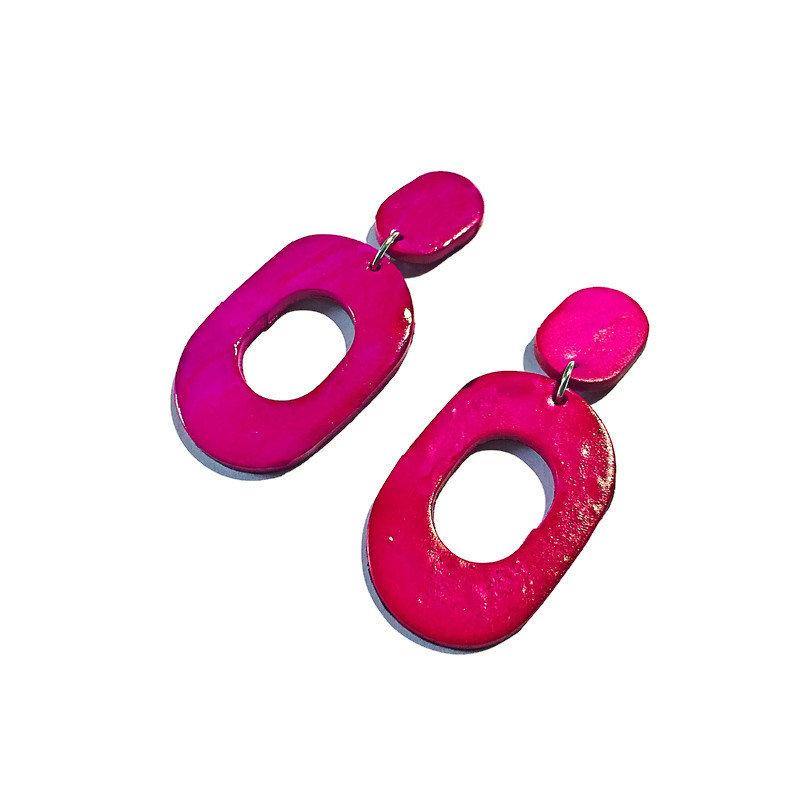 Hot Pink 70s Clip On Earrings, Large Hoop Drop Dangles Handmade- "Pam" - Sassy Sacha Jewelry