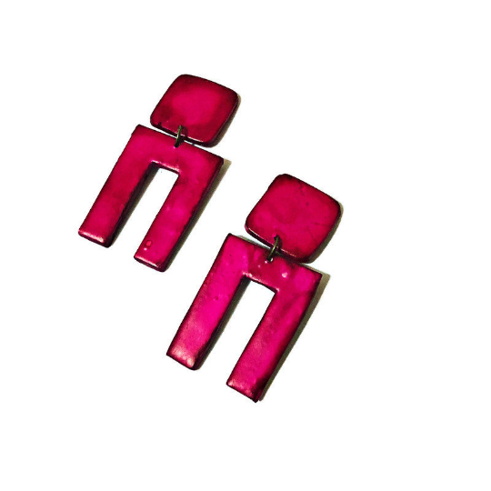 Hot Pink Geometric Arch Earrings Handmade, 70s 80s Jewelry- "Max" - Sassy Sacha Jewelry