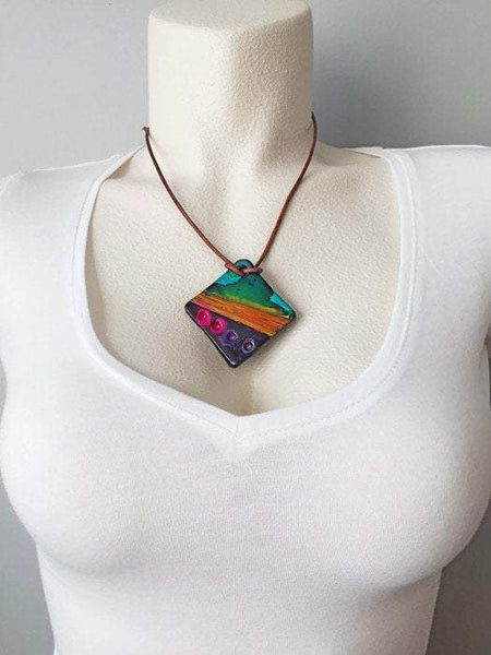 Colorful Polymer Clay Pendant, Abstract Geometric Design - Sassy Sacha Jewelry