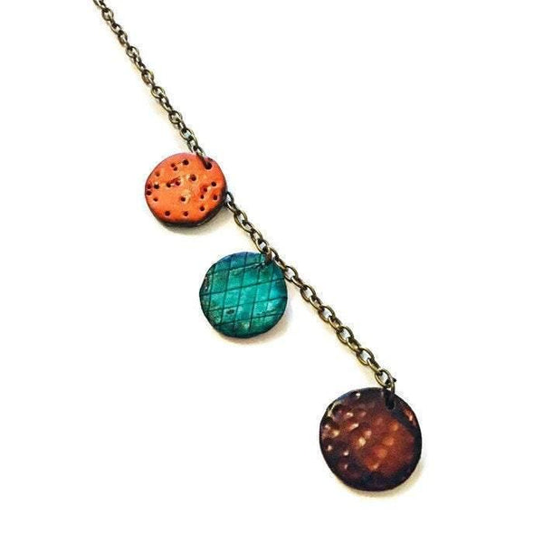 Long Lariat Necklace in Rustic Orange Brown & Turquoise, Handmade Clay Jewelry Painted with Alcohol Ink - Sassy Sacha Jewelry