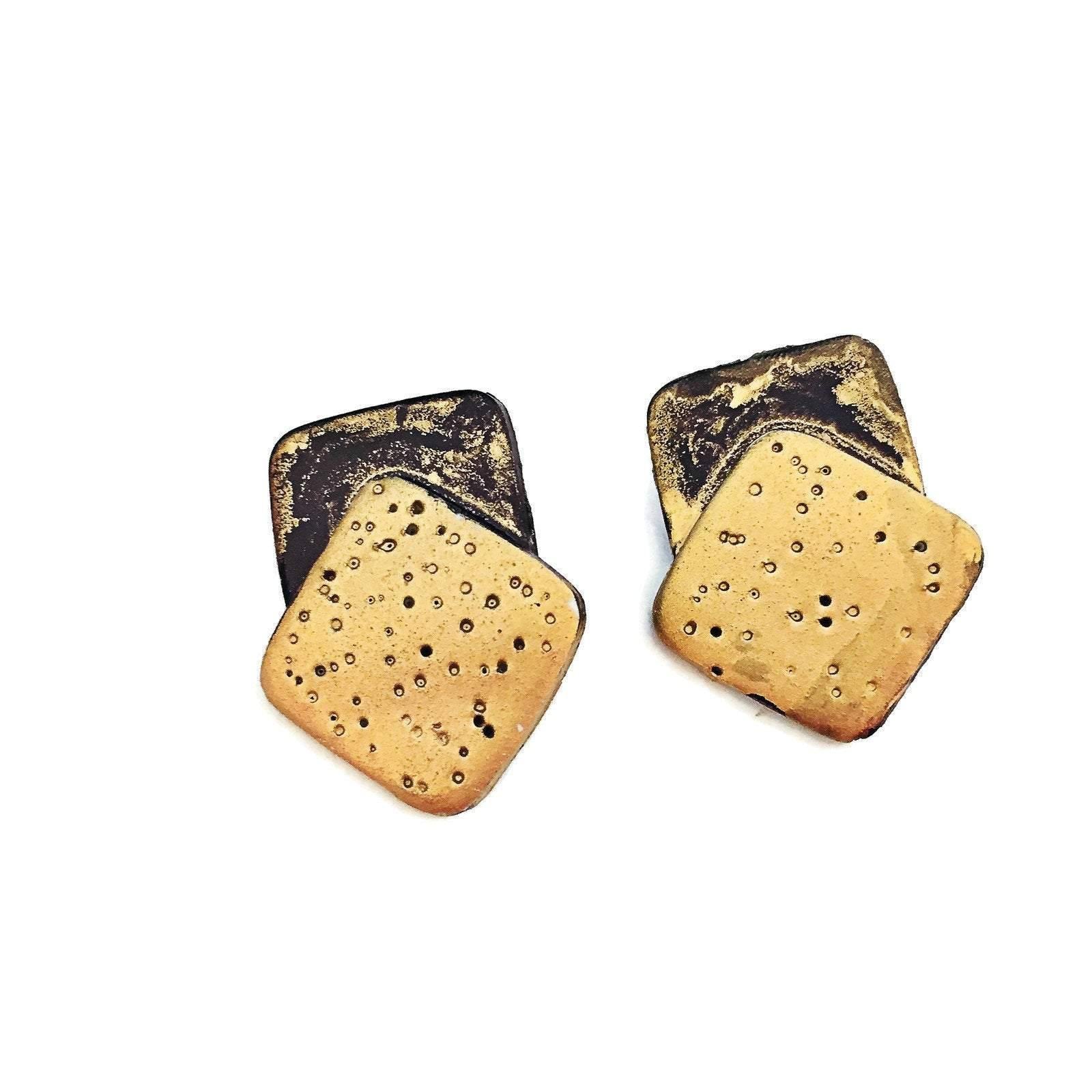 Geometric Statement Earrings Black & Gold. Polymer Clay Earrings Painted with Alcohol ink. Minimalist Elegant Clip Ons or Studs, Sister Gift - Sassy Sacha Jewelry
