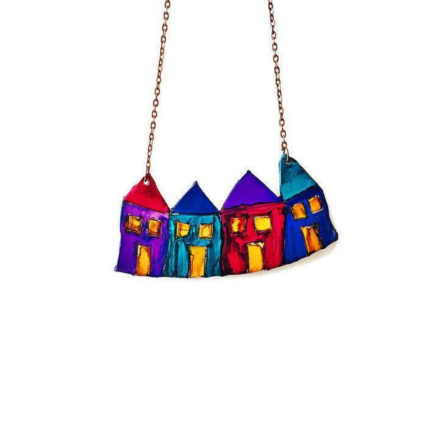 Colorful House Necklace, Newfoundland Art Jewelry Handmade from Polymer Clay & Hand Painted - Sassy Sacha Jewelry