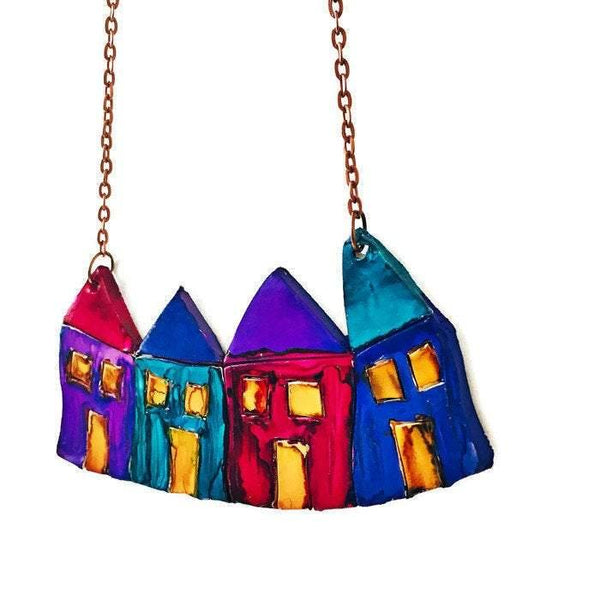 Colorful House Necklace, Newfoundland Art Jewelry Handmade from Polymer Clay & Hand Painted - Sassy Sacha Jewelry
