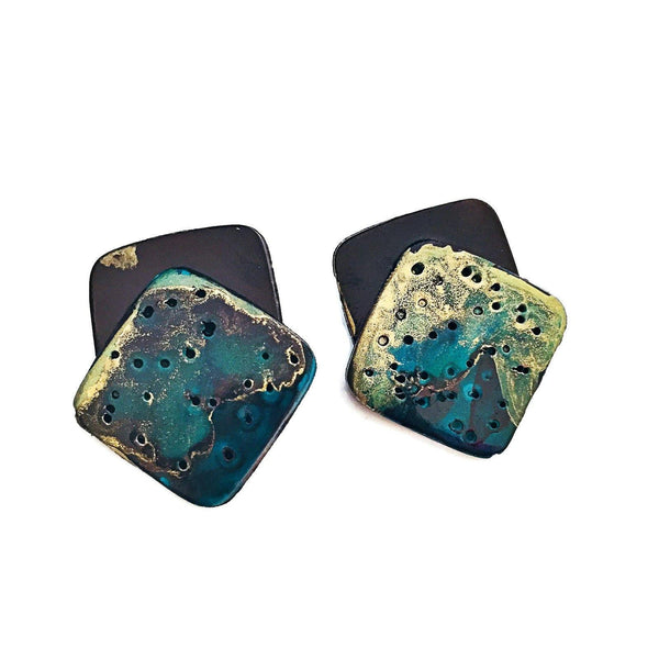 Geometric Statement Earrings Black & Gold. Polymer Clay Earrings Painted with Alcohol ink. Minimalist Elegant Clip Ons or Studs, Sister Gift - Sassy Sacha Jewelry