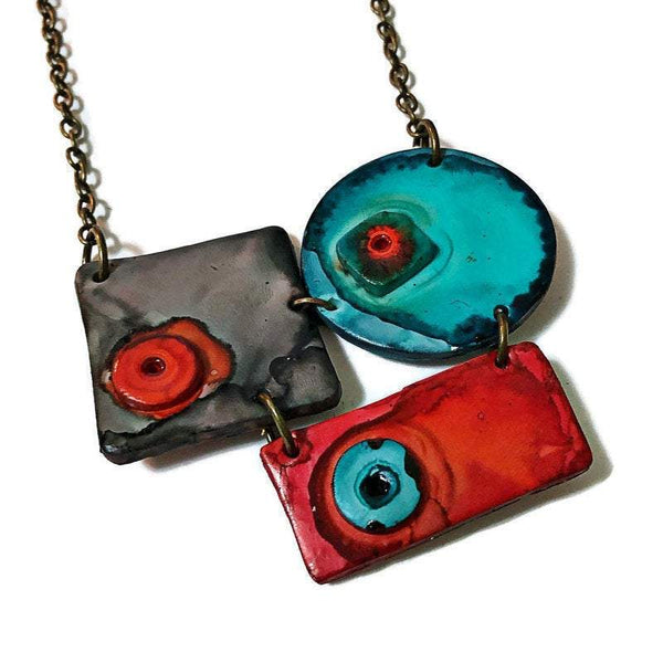 Sculptural Necklace | Modern Painted Necklace | Statement Jewelry | Polymer Clay Geometric Bib | Funky Quirky Style | Big Bold Chunky - Sassy