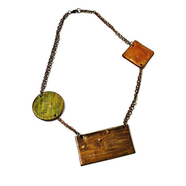 Geometric Bib Necklace with Double Layered Bronze & Copper Chain - Sassy Sacha Jewelry