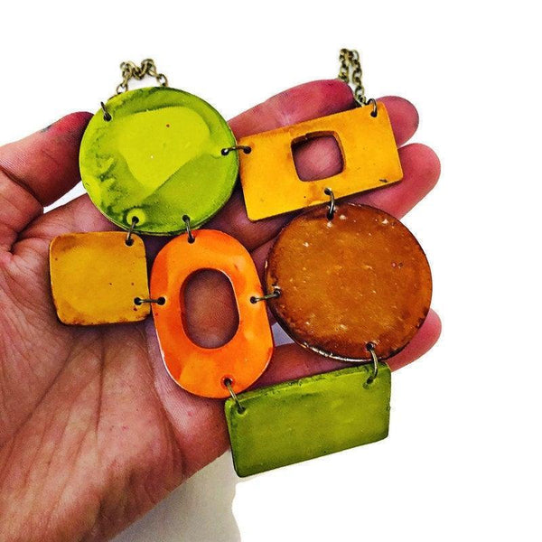 Statement Necklace Chunky & Bold. Polymer Clay Jewelry, Abstract Geometric Necklace Painted with Alcohol Ink, Chartreuse Jewelry Handmade - Sassy Sacha Jewelry