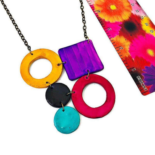 Colorful Geometric Necklace with Turquoise Hoop Earrings, Polymer Clay Jewelry Set Hand Painted - Sassy Sacha Jewelry