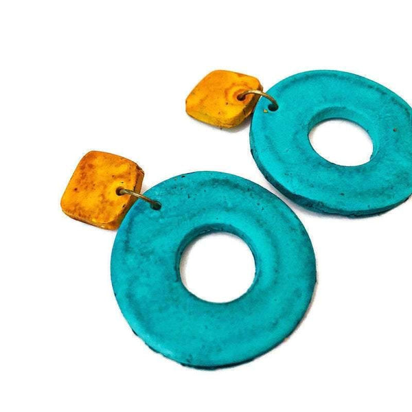 Colorful Geometric Necklace with Turquoise Hoop Earrings, Polymer Clay Jewelry Set Hand Painted - Sassy Sacha Jewelry