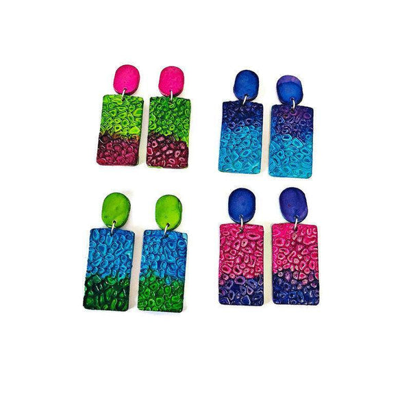 Colorful Statement Earrings in Neon Pink & Bright Purple. Polymer Clay Earrings Bold, Rectangle Drop Dangles or Clip On Earrings Handmade - Sassy Sacha Jewelry