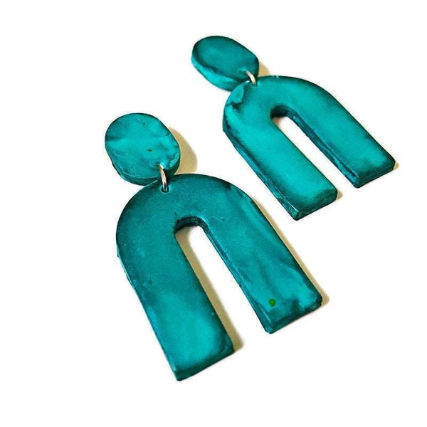 Turquoise Arch Statement Earrings Handmade from Clay & Hand Painted with Alcohol Ink - Sassy Sacha Jewelry